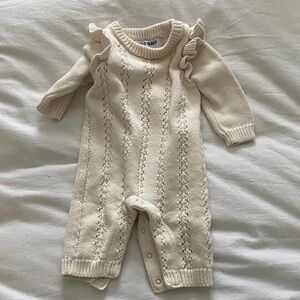 Old Navy Cream Knit Baby Romper with Ruffle Shoulders